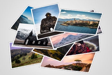 Stapel verschiedener Reisefotos mit Landschaften, Architektur und einer Person in warmer Kleidung.