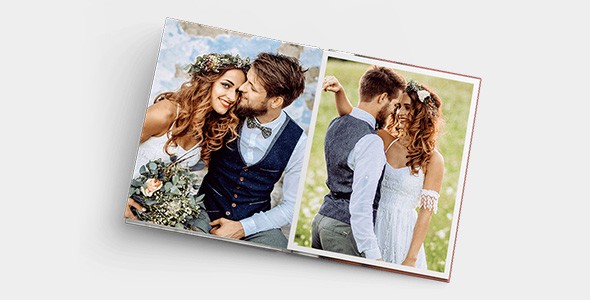 Ein Fotoalbum mit zwei Seiten, auf denen ein glückliches Paar in festlicher Kleidung Zärtlichkeiten austauscht.