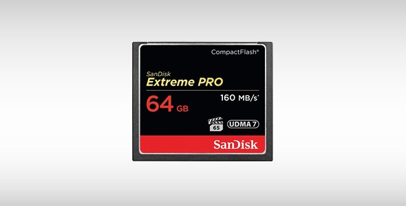 SanDisk Extreme PRO CompactFlash Speicherkarte mit 64 GB Speicher und 160 MB/s Geschwindigkeit.